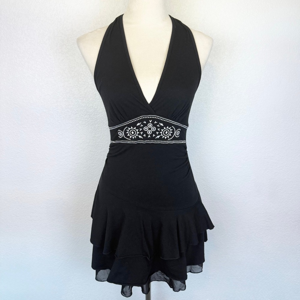 Romwe Black Halter Embroidered Tiered Ruffle Mini Dress Cute Y2K Womens Sz Small